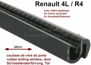 Prowadnica szyby przesuwnej, pasująca do Renault R4, z ramką z tworzywa sztucznego! Długość: 200cm. Szerokość profilu U: 13,5 mm. Wysokość profilu U: 14mm. Szerokość całkowita (z uszczelką) 20,0 mm. Wysokość całkowita (z uszczelką): 16,7 mm.~~